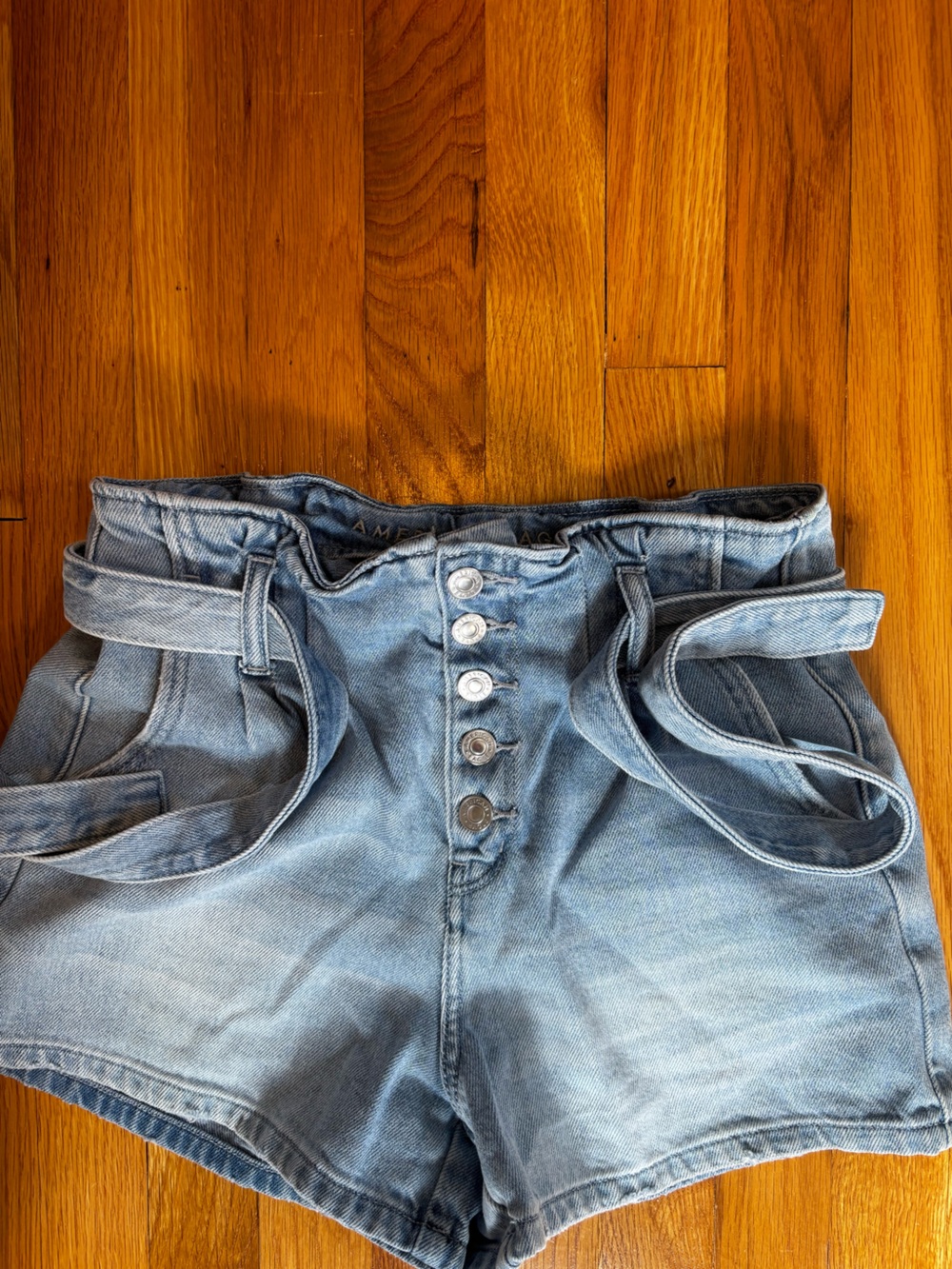 American Eagle Outfitters Light Blue High-Waist Paperbag Denim Shorts with Tie - Picture 3 of 4